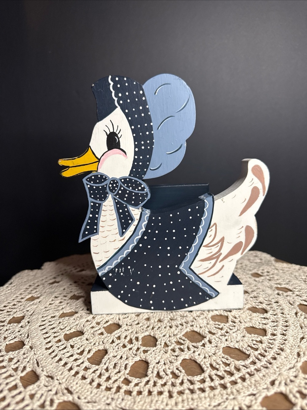 Hand-Painted Polka Dot Duck Figurine - Navy & Light Blue